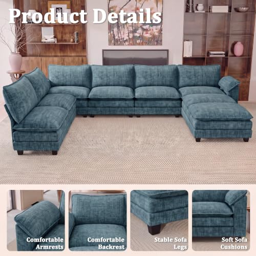 JUMMICO 232" Oversized Sectional Couch, Modular Cloud Sofa, Dark Blue | Comfy Chenille, 2 Movable Ottoman, Deep Seat, Double Layer Cushion, 6 Seat, High-Density Foam, for Living Room - color: Dark Blue, size: Oversized Sofa