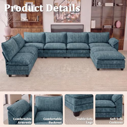 JUMMICO 232" Oversized Sectional Couch, Modular Cloud Sofa, Dark Blue | Comfy Chenille, 2 Movable Ottoman, Deep Seat, Double Layer Cushion, 6 Seat, High-Density Foam, for Living Room - color: Dark Blue, size: Oversized Sofa