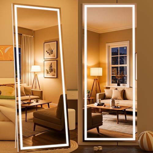 Full Length Mirror with Lights, 67" x 24" LED Lighted Floor Standing Body Mirror, Dimmable & 3 Color Lighting for Bedroom, Cloakroom, Dressing Room, Tempered Glass, White Frame - color: White, size: 67"L x 24"W