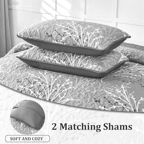DJY Grey Quilt Set Queen Size - Branch Botanical Bedspread Coverlet Set | 3 Pieces Gray Floral Quilt Bedding Set, Soft Lightweight Microfiber Reversible Summer Quilt Set, 96''x90'' - color: Grey, size: Queen