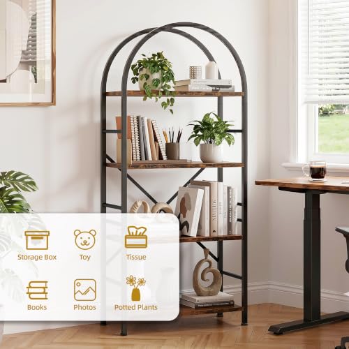 Vongrasig Industrial Arched Bookshelf, 4 Tier Open Bookcase | Sturdy Wood and Metal Display Standing Shelf for Home Office, Living Room, Bedroom, Rustic Brown - color: Rustic Brown
