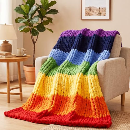 Rainbow Chunky Knit Throw Blanket 50"x60" Soft Knitted Throw Chenille Yarn Handmade Crochet Big Thick Blanket Rope Knot Blankets for Couch Sofa Bed Home Decoration