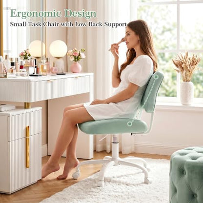 Homkdom Velvet Vanity Chair with Bow Backrest & Height Adjustable,Bedroom | Armless,360 Swivel,Silent Casters for Dressing Room & Living Room, Home Office,Make up,Reading,Light Green - color: Light Green