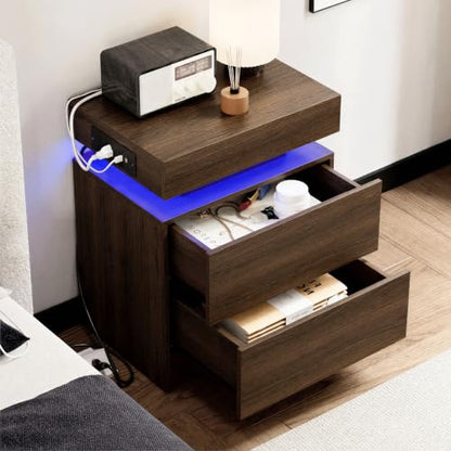 LIKIMIO Nightstand with Charging Station LED Light and 2 Drawers,Walnut | charging station; LED light; 2 smooth glide drawers; Walnut wood grain - color: Walnut