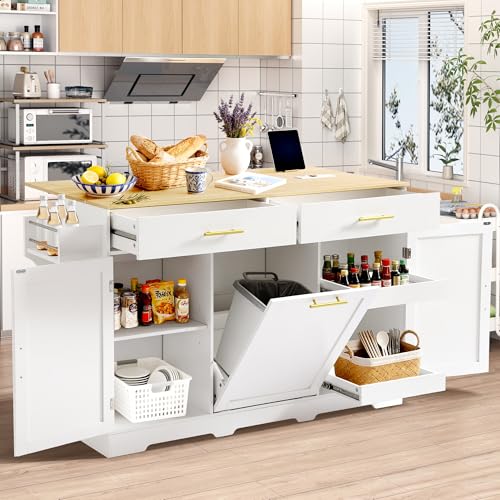 60" Kitchen Island with Power Outlet, Drop Leaf, Trash Can Storage | Rolling Kitchen Island Table Cart Cabinet with Drawer, Mobile Kitchen Cabinet on Wheels w/Spice Rack, Towel Bar, Hooks - color: White, size: 60"