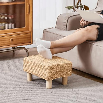 Wimarsbon Natural Seagrass Footstool Ottoman Rectangular Footrest Pouf Ottomans with Wooden Legs Hand Weave Step Stool for Living Room Bedroom Entryway Natural - color: Natural, size: 12"D x 16.5"W x 9.5"H