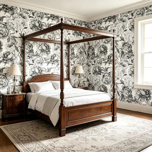 Gray Peony Flowers Floral Peel and Stick self Adhesive Wallpaper - 96''x32'' - color: X05, size: 96"x32"