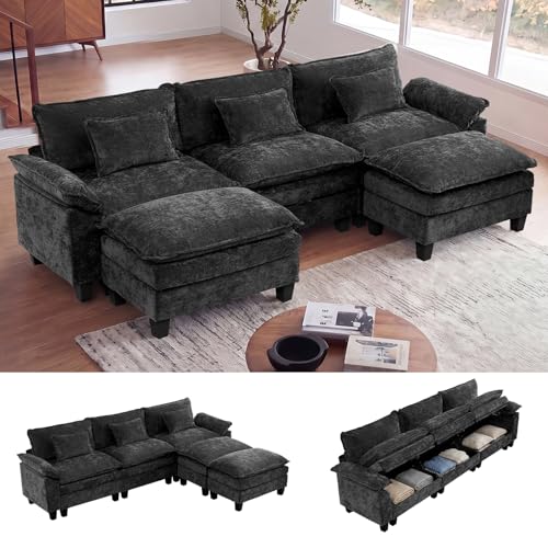 118" Modular Sectional Sofa with Storage, U-Shaped Cloud Couch | Deep Seat, Moveable Ottoman, Throw Pillows, Sofa Sleeper, Cloud Comfort Couches for Living Room Bedroom, Chenille Black - color: Black, size: 118"- 5 Seat U