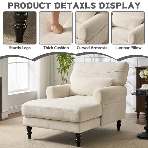 Chaise Lounge Chair Indoor Bedroom, Comfy Lounge Chair with Wide Armrest & Backrest for Small Space, Thick Cushion, High-Density Foam, Waist Pillow, Chenille (White) - color: White