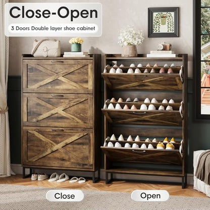 Maupvit Shoe Storage Cabinet with 3 Flip Drawers, Freestanding Organizer with Metal Legs for Entryway, Narrow Shoe Rack Cabinet, Rustic Brown - color: Rustic Brown, style: 3-Drawers