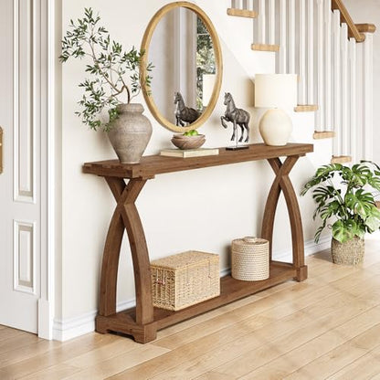 Solid Wood Console Table for Entryway, 63-Inch Narrow Farmhouse Couch Table Behind Sofa with 2-Tier Storage for Entrance, Foyer, Living Room, Long, Dark Brown - color: Dark Brown