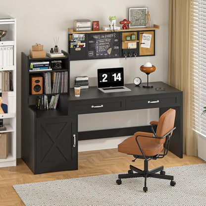 60" Computer Desk with Drawers & Bookshelves for Bedroom, Home Office | Black Desk with Bookcase & Drawers, Executive Desk Writing Study Table with Storage, Home Office Desks - color: Black
