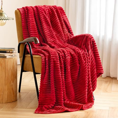 MIULEE Red Fleece Throw Blanket for Couch 300GSM Super Soft Lightweight Plush Striped Blanket, Christmas Warm Cozy Breathable Ribbed Flannel Throws for Bed/Sofa, 50"x60" - color: Red, size: 50"x60"