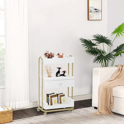 BarberPub Salon Trolley Cart, Gold Accents 3-Tier White&Gold 2086 - color: White&gold