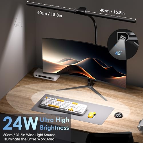 EYOCEAN Desk Lamp with Clamp, 31.5" LED Desk Lamp for Home Office, 24W Gesture Sensing Control Desk Light, Dimmable & Color Temperature, Eye-Caring Office Lamp, Brightest Architect Lamp for Screen - color: Black