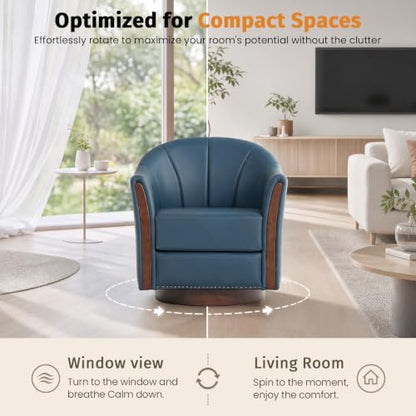 360° Swivel Accent Chair, Faux Leather Swivel Barrel Chairs | Nailhead Trim & Wood Base, Round Armchair Club Chair, Modern Reading Chairs for Living Room (BX01, Wood Blue) - color: Wood Blue