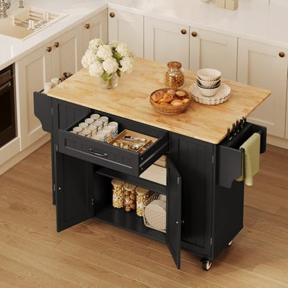 47.6" Kitchen Island with Storage, Drop Leaf, Knife Holder, Black | Island Table for Kitchen with Door Cabinet, Drawer, Spice Rack, Towel Rack, and Knife Holder for Kitchen, and Living Room - size: 47.6 Inch-Black