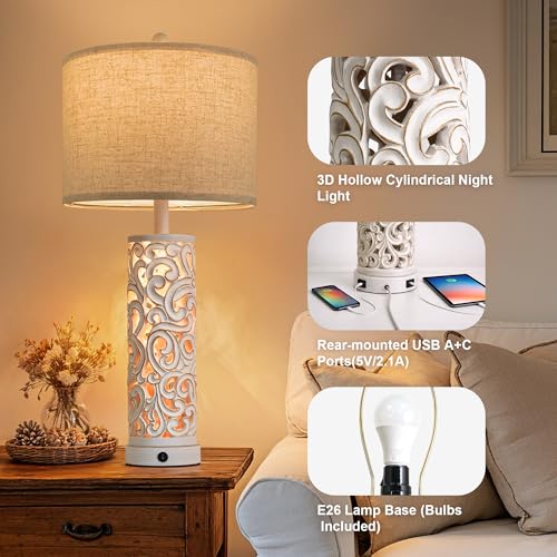 2-in-1 Light Table Lamp Set of 2 for Living Room, 28.5" Farmhouse Bedside Lamps with USB Charging Port, Main&Night Light & Dual Switches, Nightstand Lamp for Bedroom Home Office(Bulb Included) - color: Matte White