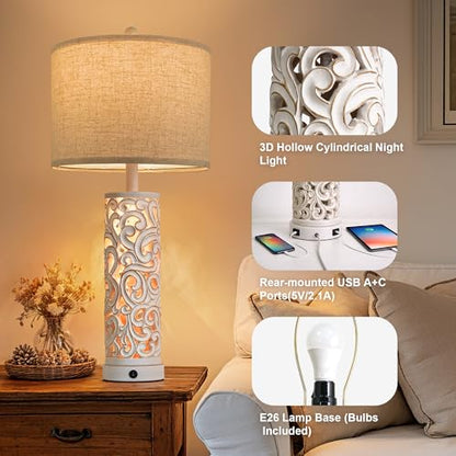 2-in-1 Light Table Lamp Set of 2 for Living Room, 28.5" Farmhouse Bedside Lamps with USB Charging Port, Main&Night Light & Dual Switches, Nightstand Lamp for Bedroom Home Office(Bulb Included) - color: Matte White