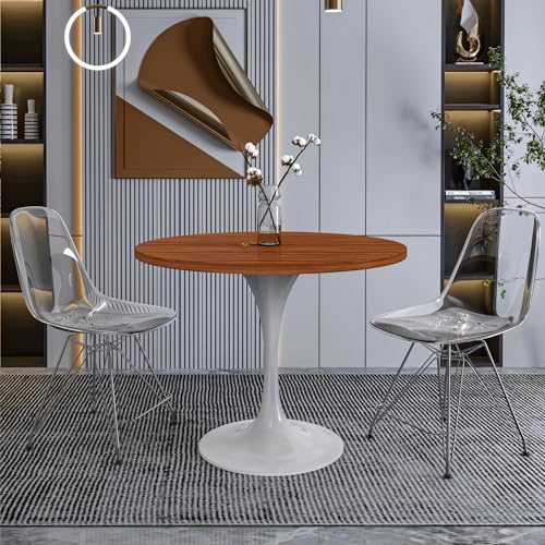 LeisureMod Verve Mid-Century Modern 36 Inch Round Dining Table, MDF Wood Tabletop with White Steel Pedestal Base, Contemporary Kitchen & Dining Room Table, for Small Spaces (Cognac Brown) - color: Cognac Brown Wood, size: 36 inch Wide