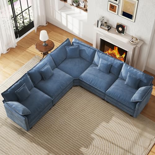 114" Oversized Modular Sectional Sofa, 5-Seater V Shaped Cloud Couch Set, Comfy Chenille Deep Seat Sofa with 5 Throw Pillows, DIY Combination for Living Room (Blue) - color: Blue, size: 114" Coner V Sofa