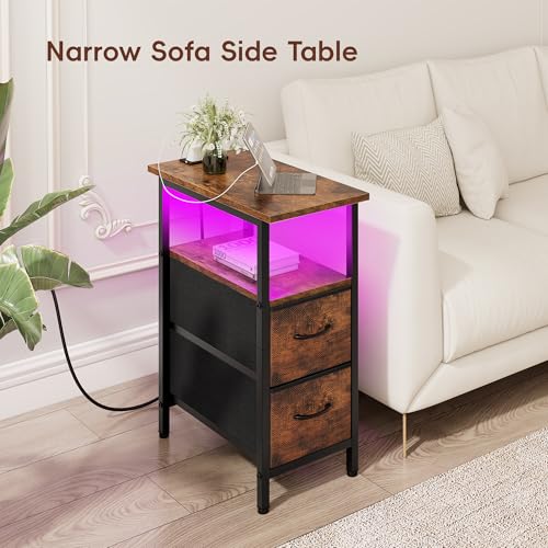 Set of 2 Nightstand with Charging Station and LED Lights, Narrow Side Table, LED Night Stand with 2 Fabric Drawers, Bedside Table Small End Table, Tall Nightstand for Bedroom, Rustic Brown - color: Rustic Brown, size: 2, style: With LEDs