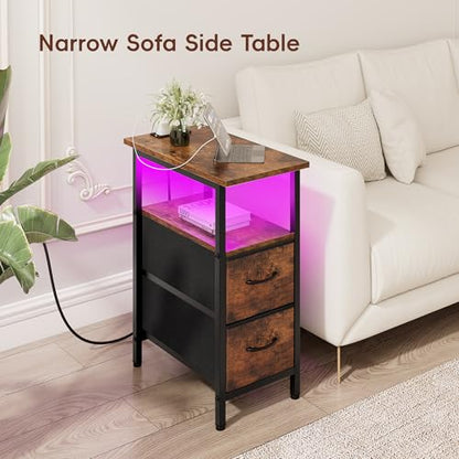 Set of 2 Nightstand with Charging Station and LED Lights, Narrow Side Table, LED Night Stand with 2 Fabric Drawers, Bedside Table Small End Table, Tall Nightstand for Bedroom, Rustic Brown - color: Rustic Brown, size: 2, style: With LEDs