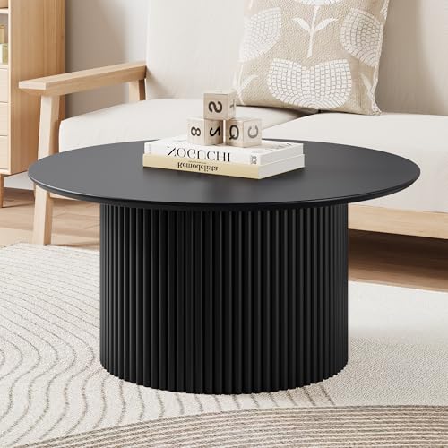 31.5" Round Coffee Table, Modern Fluted Accent Center Table with Metal Frame, Wooden Circle Coffee Tables for Living Room Small Space or Office (Black) - color: Black 31.5" Round