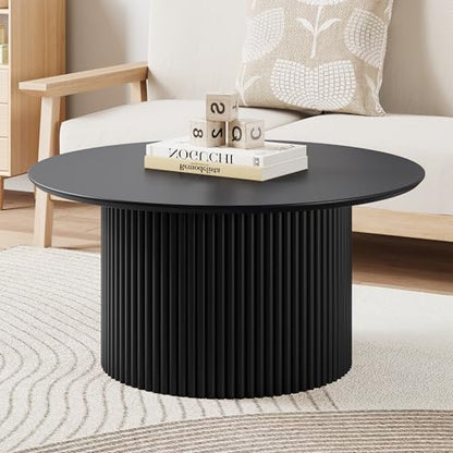 31.5" Round Coffee Table, Modern Fluted Accent Center Table with Metal Frame, Wooden Circle Coffee Tables for Living Room Small Space or Office (Black) - color: Black 31.5" Round