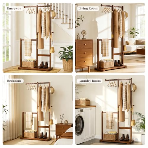 Solid Wood Coat Rack Freestanding Double Rod Clothes Rack Space Saving - color: Walnut