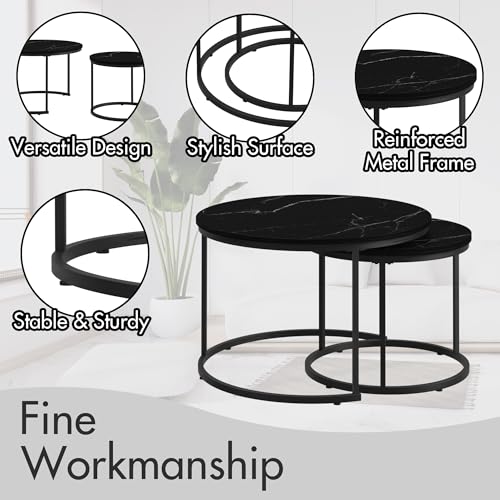 KEIKI Nesting Coffee Table Set of 2, Round Industrial End Tables with Wood Grain MDF Top and Black Metal Frame, Space Saving Small Side Table Set for Living Room Bedroom Balcony, Easy Assembly, Black