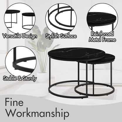 KEIKI Nesting Coffee Table Set of 2, Round Industrial End Tables with Wood Grain MDF Top and Black Metal Frame, Space Saving Small Side Table Set for Living Room Bedroom Balcony, Easy Assembly, Black