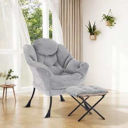 Lazy Chair with Ottoman, Modern Accent Lounge Chair with Side Pocket and Armrests, Cozy Reading Armchair with Footrest, Upholstered Sofa Chair for Small Spaces, Bedroom Living Room, Grey - color: Grey