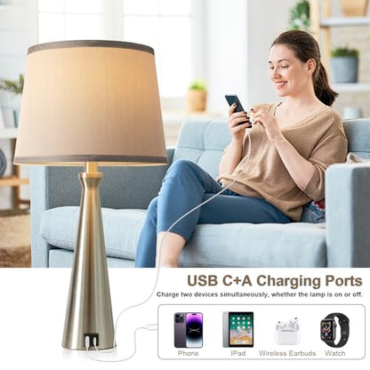 Modern Touch Lamps for Nightstand, 3 Way Dimmable Bedroom Lamp Set of 2 | USB C+A Charging Ports, Silver Bedside Lamps for Bedroom, Living Room, End Table, Bed Side, LED Bulb Included - color: B. Silver Base-Grey Shade