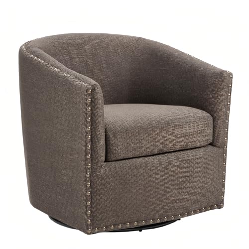 Madison Park Swivel Barrel Accent Chair, Upholstered Curved Back with 7-Inch Thick Woven Cushion, 360° Swivel, Nailhead Trim, Comfy Chair for Living Room, Bedroom, Office, 28" Wide, Chocolate, Tyler - color: Chocolate