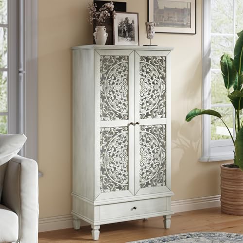 Accent Cabint with Doors, 55" Tall Vintage Storage Cabinet White | Modern Mid Century Cabinet Hollow Carved Door Pantry with 1 Drawer Accent Sideboard For Living Ding Room Entryway Hallway - color: White55"