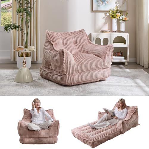 2 in 1 Folding Sofa Bed, Pink | Convertible Sleeper Sofa to Lounger Comfy Bean Bag Chair for Adults, Corduroy Floor Couch Bed with Handle for Living Room - color: Pink