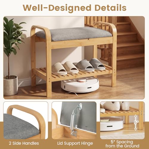 GOFLAME Bamboo Shoe Bench with Storage, 2-Tier Entryway Bench with Flip-Top Storage and Padded Seat Cushion, Shoe Rack Organizer with Shelf for Hallway, Bedroom, Living Room - style: With Storage - Small Size