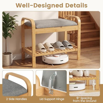 GOFLAME Bamboo Shoe Bench with Storage, 2-Tier Entryway Bench with Flip-Top Storage and Padded Seat Cushion, Shoe Rack Organizer with Shelf for Hallway, Bedroom, Living Room - style: With Storage - Small Size