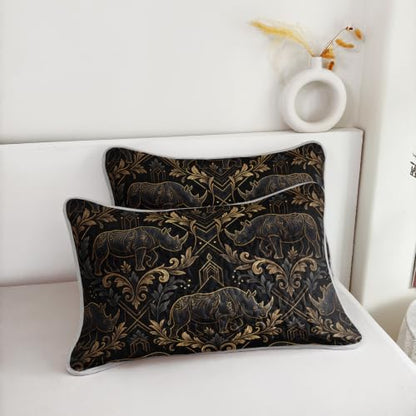 AILONEN Damask Elephant Queen Quilted Comforter Set, Black Gold Printed Bedding with 2 Pillowcases, Microfiber Filling, Master Family Bedroom - color: Black Striped Elephant, size: Queen