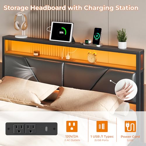 Queen Bed Frame with Storage Headboard, 6 Drawers, LED&Charging | 2-Tier PU Leather Upholstered Headboard, Charging Station&RGB Lights, No Box Spring Needed, easy assembly, Noise-Free,Black - color: Black, size: Queen