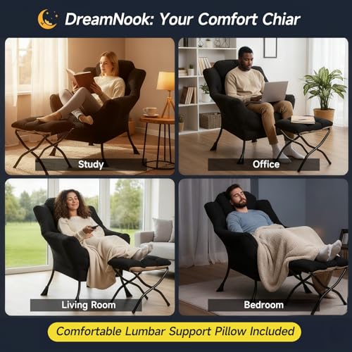 Lazy Chair with Ottoman, Reading Chair with Lumbar Pillow， Black | Comfy Accent Lounge Chair with Pillow & folding Foot Stool, sturdy metal frame for bedroom, dorm or apartment, Living Room - color: Black