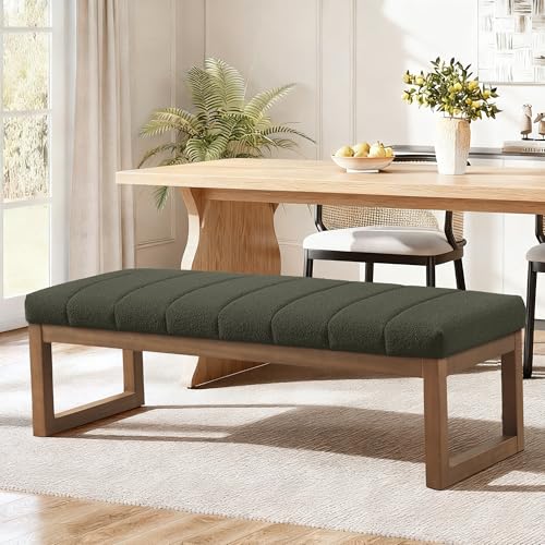 Zihanhome 52.7" Bedroom Bench for End of Bed, Modern Upholstered Teddy Fabric Entryway Bench & Dining Bench, Footrest Stool Bench with Solid Wood Frame for Bedroom, Living Room (Green) - color: Green