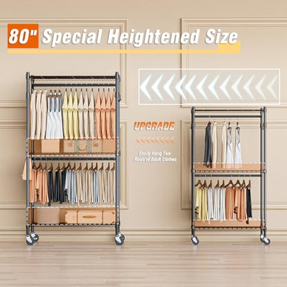 Homdox Heavy Duty Clothing Rack with 3 Tier Adjustable Wire Shelves, Garment Racks for Hanging Clothes, Double Rods Clothing Rack, Freestanding Closet Wardrobe with Side Hooks, Black - color: Black, size: 16.54"D x 23.62"W x 80.71"H