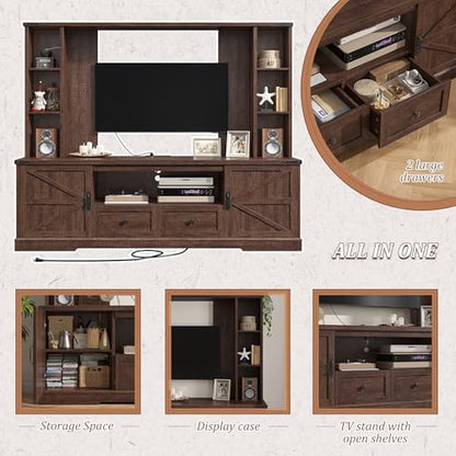 EnHomee Farmhouse Entertainment Center for 60" TV with LED & Power Outlets | Tall TV Console Wood TV Stand with Storage Shelves,Bookshelf for Living Room, Bedroom, Brown - color: Rustic Brown