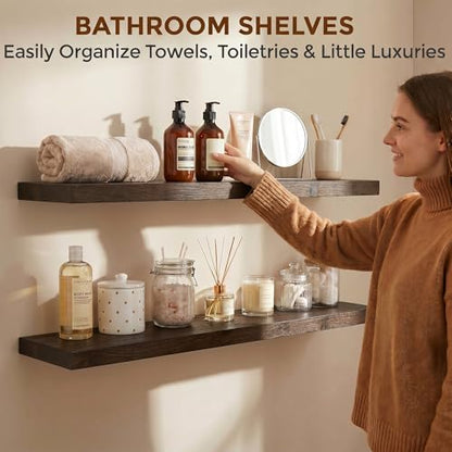 Dreamland 36 Inch Long Floating Shelves Set of 2, Rustic Solid Elm Wood Floating Shelf Wall Mounted, 8 Inch Deep Wooden Wall Shelves for Living Room, Bedroom, Bathroom, Kitchen, Walnut - color: Walnut, size: Flat Edge - 36"L