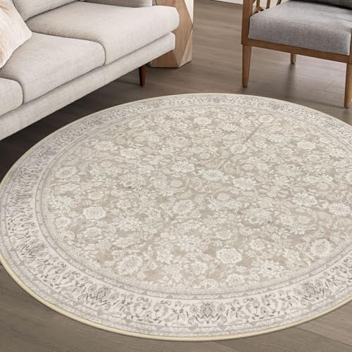 SIILOOM Washable 6ft Circle Round Rug, 6x6 Non-Slip Soft Circular Area Rugs | Cream/Beige/Yellow/White Spill & Stain Resistant Carpet for Living Room Dining RoomUnder Table - color: Cream/Beige/Yellow/White/Grey, size: 6' (Round)