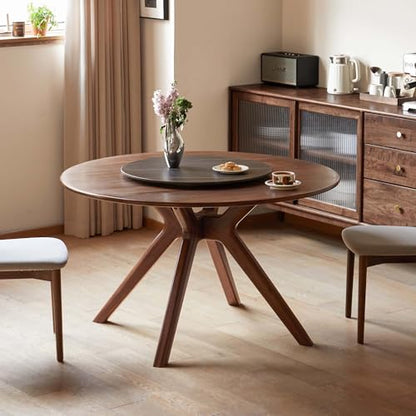 43.3’’ Round Black Walnut Dining Table for 4-6, Solid Wood Kitchen Table with Intersecting Pedestal Base, Farmhouse Circle Table for Dining Room, Living Room - color: Walnut