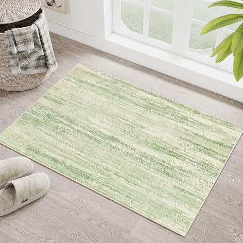 Small Rug Washable 2x3 Area Rugs Low Pile Non Slip Modern Abstract | Throw Carpet for Entryway Entry Entrance Bedroom Bathroom Front Door Mat Floor Indoor Accent Neutral Green - color: Green, size: 2' x 3' (Rectangular)