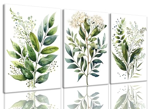 Bwodke Green Botanical Leaf Canvas Wall Art Set of 3, 12x16 inch | Modern Botanical Wall Decor, Sage Green Plant and Leaf Prints, Bedroom Bathroom Living Room Art - color: Fresh Green, size: 12"x16" Canvas